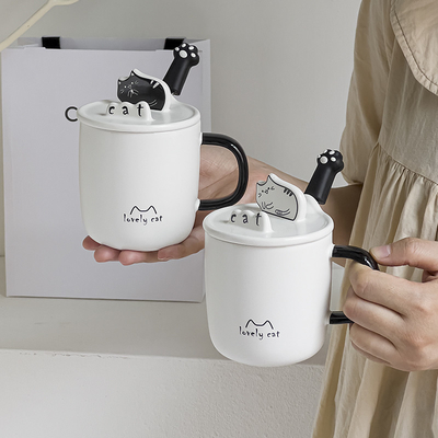 従業員のプレゼント アイデア 絵画 猫の水杯 セラミック スプーン蓋と電話ホルダー