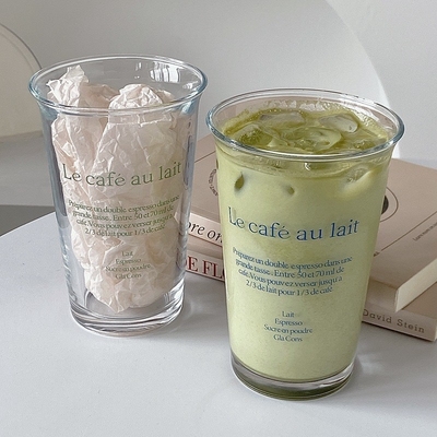 350ml インス ファッション テキスト プリント グラス カップ レトロ ウォーター カップ アイス カフェ ラテ ティー ジュース カップ