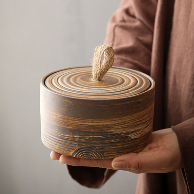 シルクスクリーン印刷 粗い陶器茶缶 レトロ 密閉 焼いたセラミック 貯蔵缶