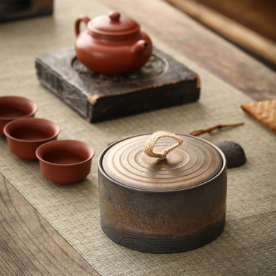 シルクスクリーン印刷 粗い陶器茶缶 レトロ 密閉 焼いたセラミック 貯蔵缶
