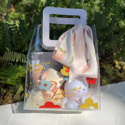 女神祭り PVC プリント ハンドバッグセット ラビ ナイトライト 弓 タッセル タオルとホワイト 桃のハードキャンディー
